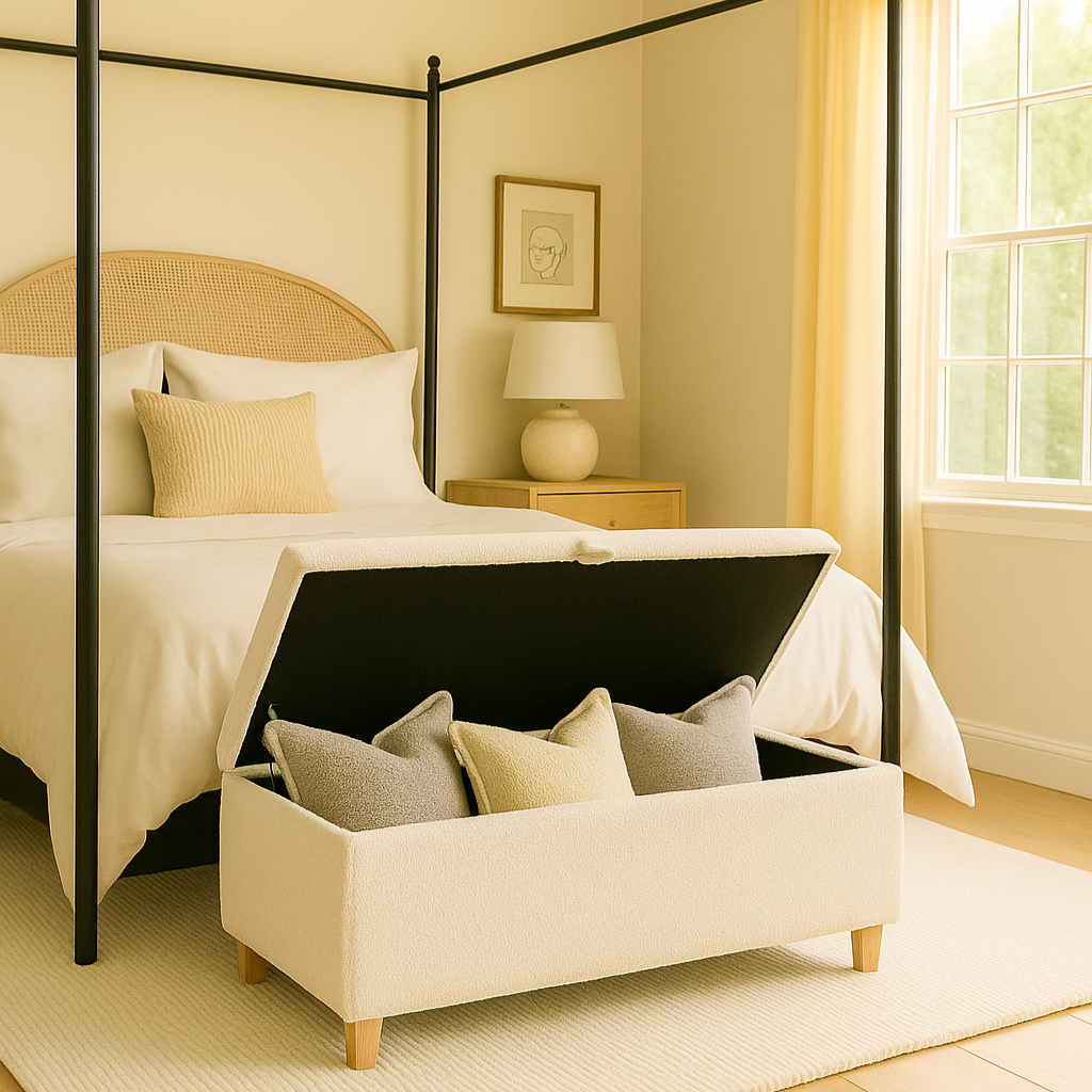 Bedroom with a canopy bed and storage ottoman featuring pillows.