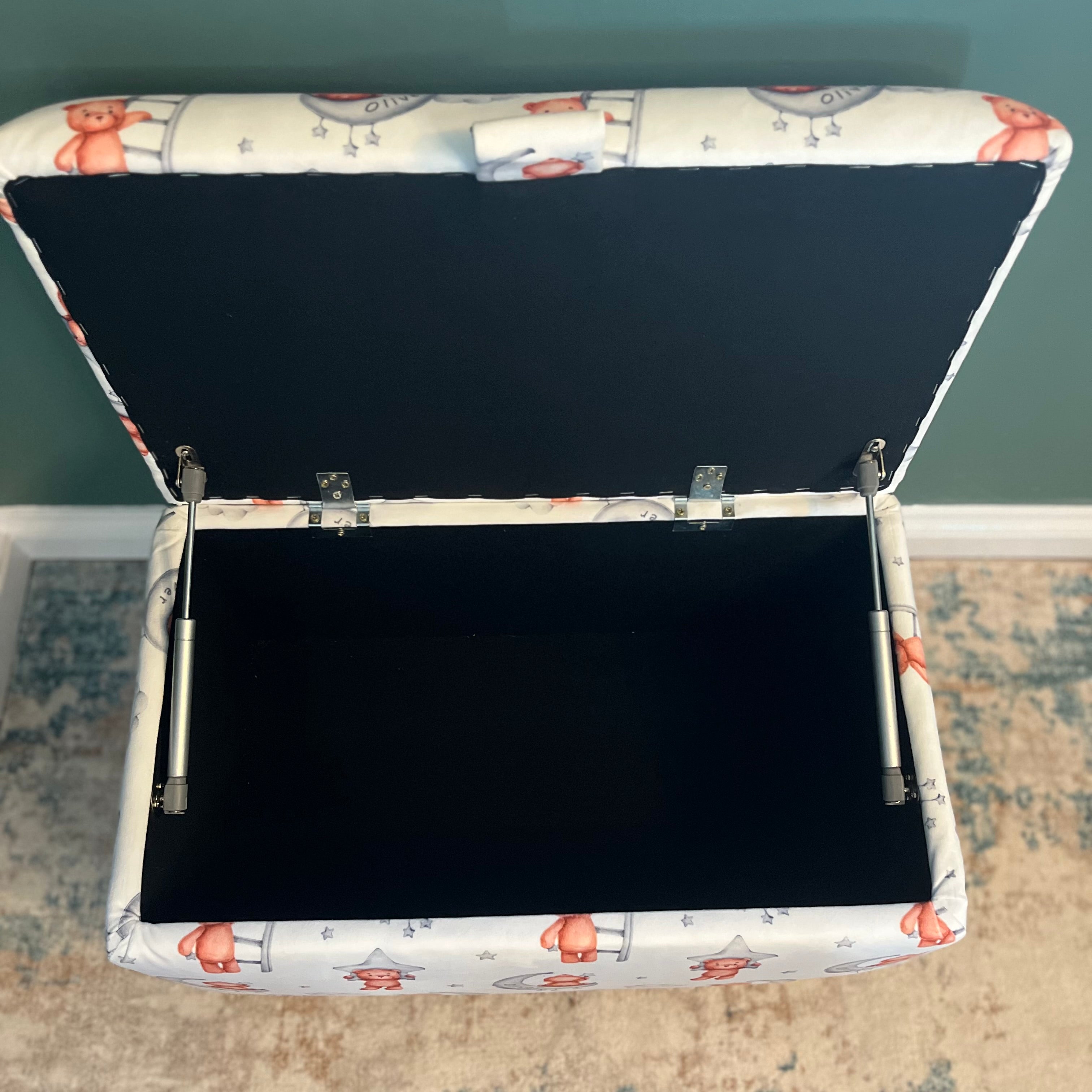soft upholstered childrens storage box with gas struts or safe opening for children