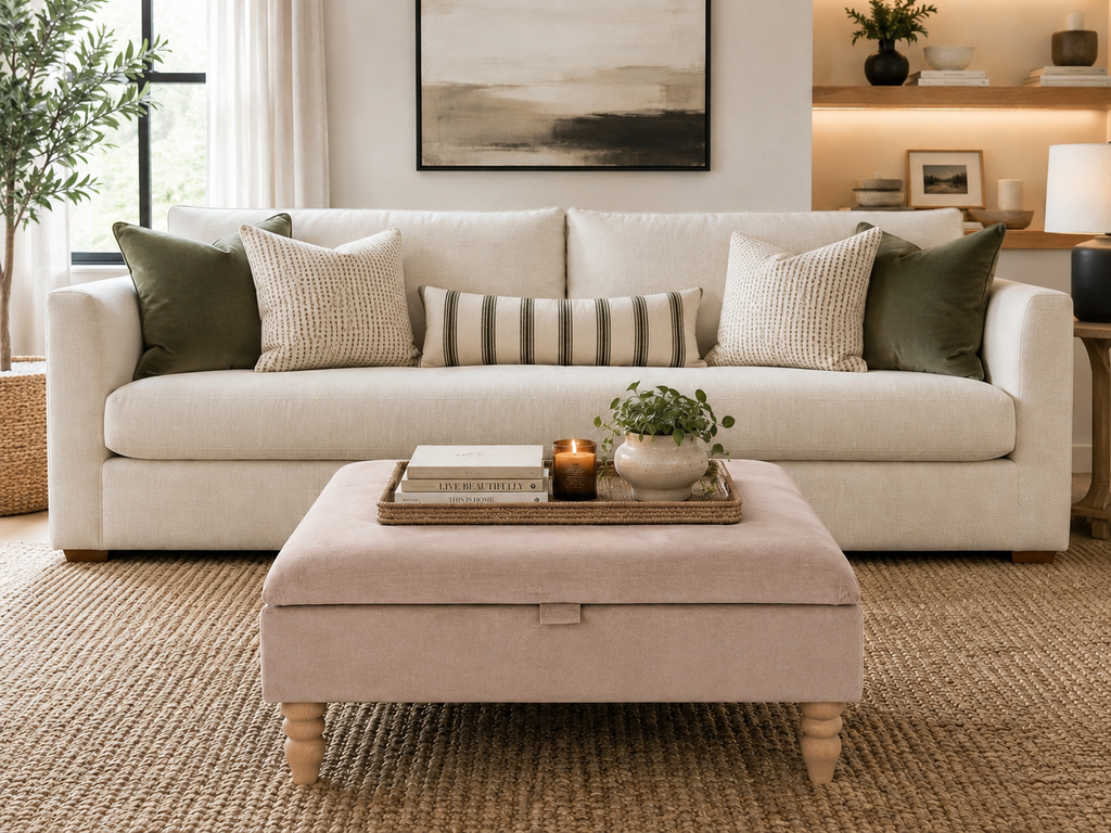 A styled living room scene featuring a cream-colored three-seater sofa with multiple decorative throw pillows, a matching light pink storage ottoman in the foreground, and a neutral-toned coffee table. The setting includes a textured rug, a window with sheer curtains, and wall art.