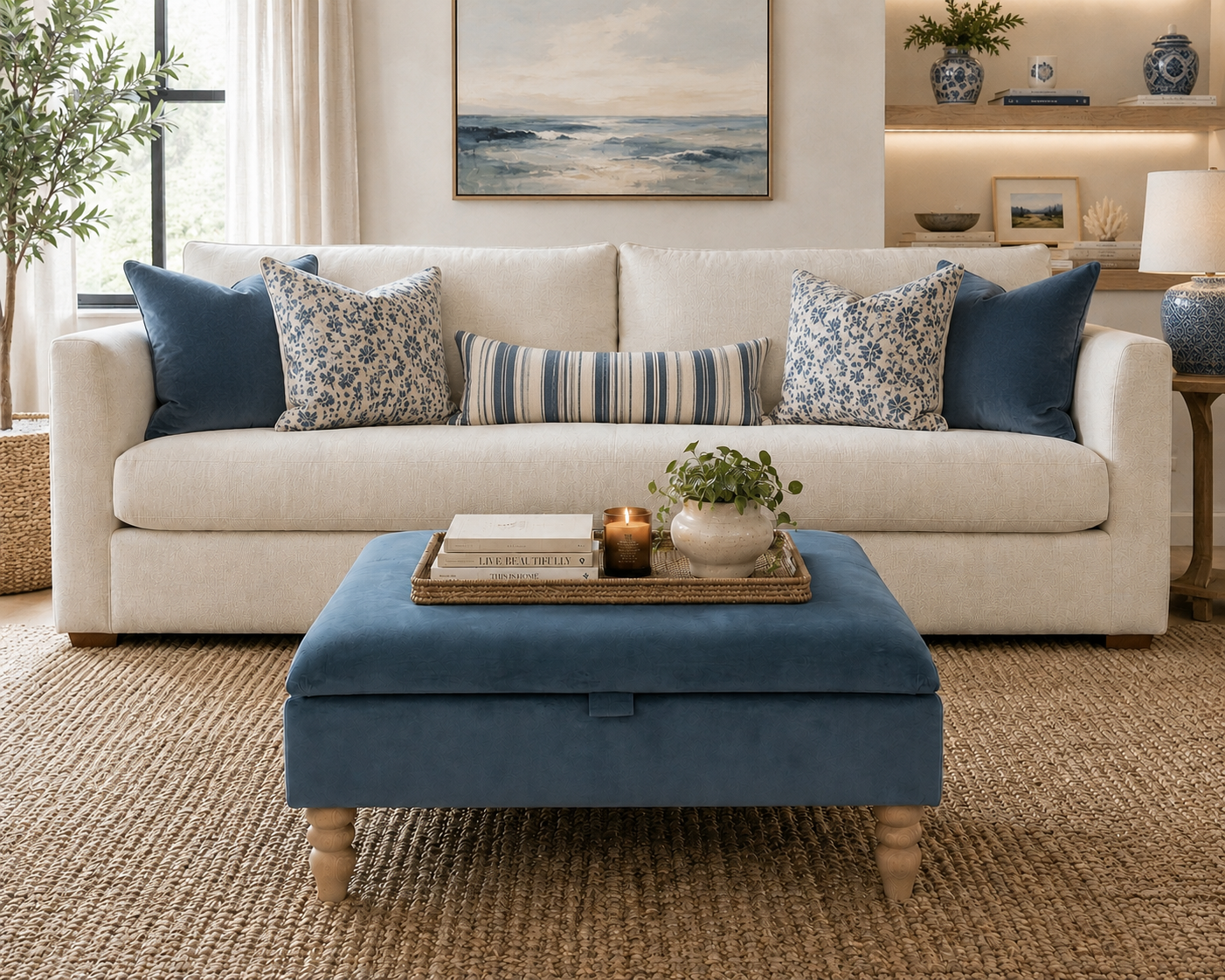 A styled living room scene featuring a cream-colored upholstered sofa with blue and patterned throw pillows, a matching blue ottoman coffee table in the foreground, and a woven jute rug on the floor.