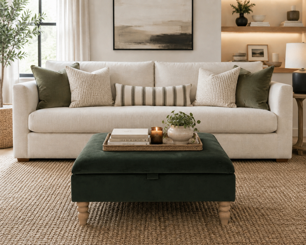 A styled living room scene featuring a cream-colored upholstered sofa with multiple decorative throw pillows, a dark green velvet ottoman in the foreground, and a neutral-toned woven rug on the floor.