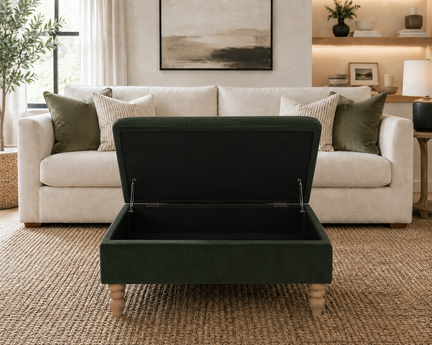 A dark forest green upholstered storage ottoman with a lift-up lid and turned wooden legs, shown in a bright, modern living room in front of a cream sofa.