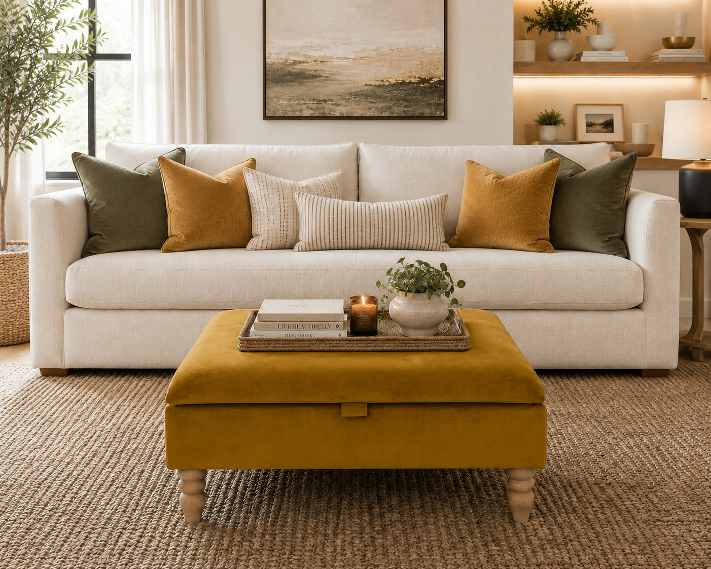 A styled living room scene featuring a white upholstered sofa with mustard yellow, olive green, and cream pillows, a matching mustard yellow ottoman coffee table in the foreground, and a neutral-toned interior background with wall art and shelving.