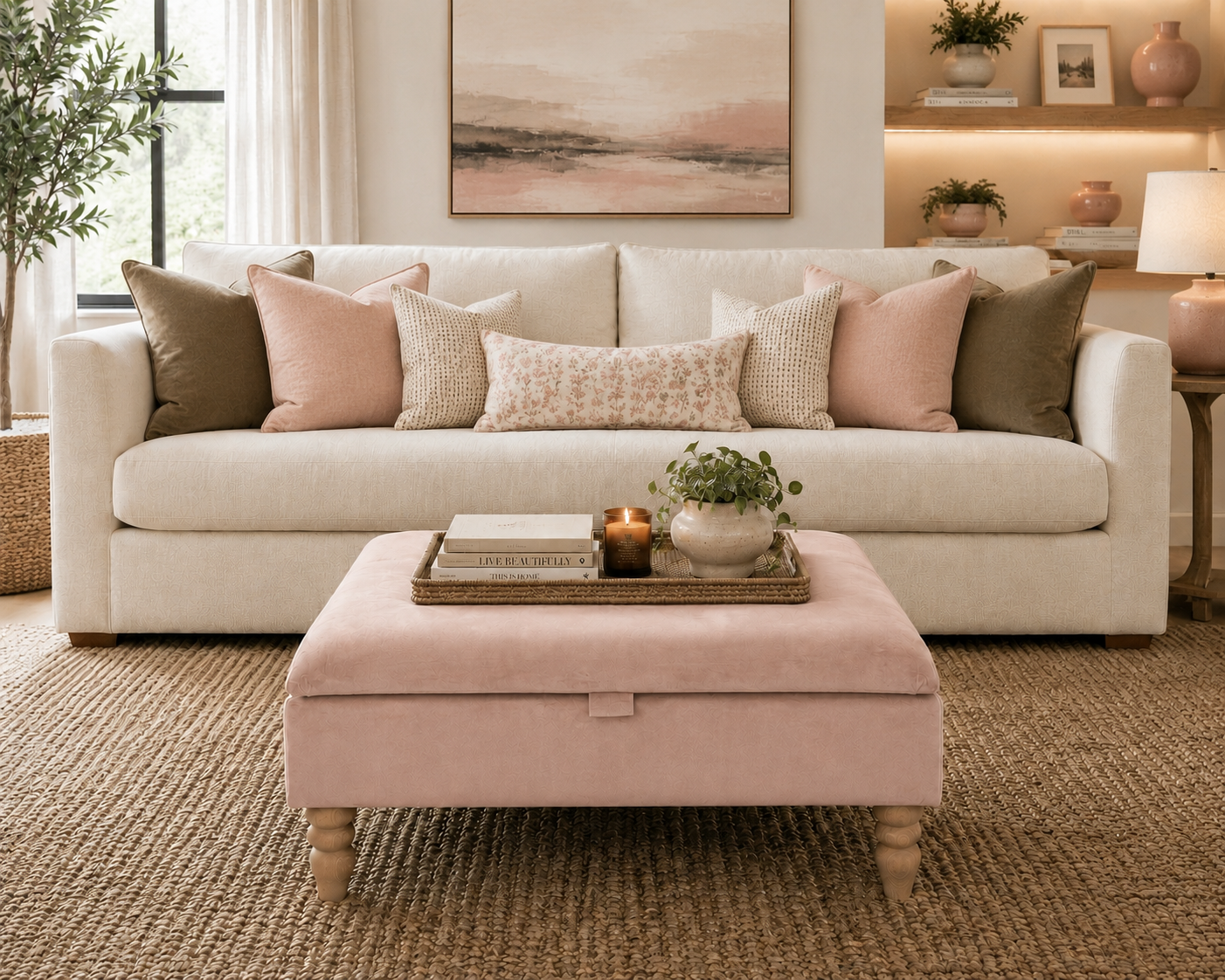 A styled living room featuring a cream-colored upholstered sofa with multiple pink and beige throw pillows, paired with a dusty pink ottoman in the foreground. The room is decorated with a textured beige rug, a framed landscape painting on the wall, and warm ambient lighting.