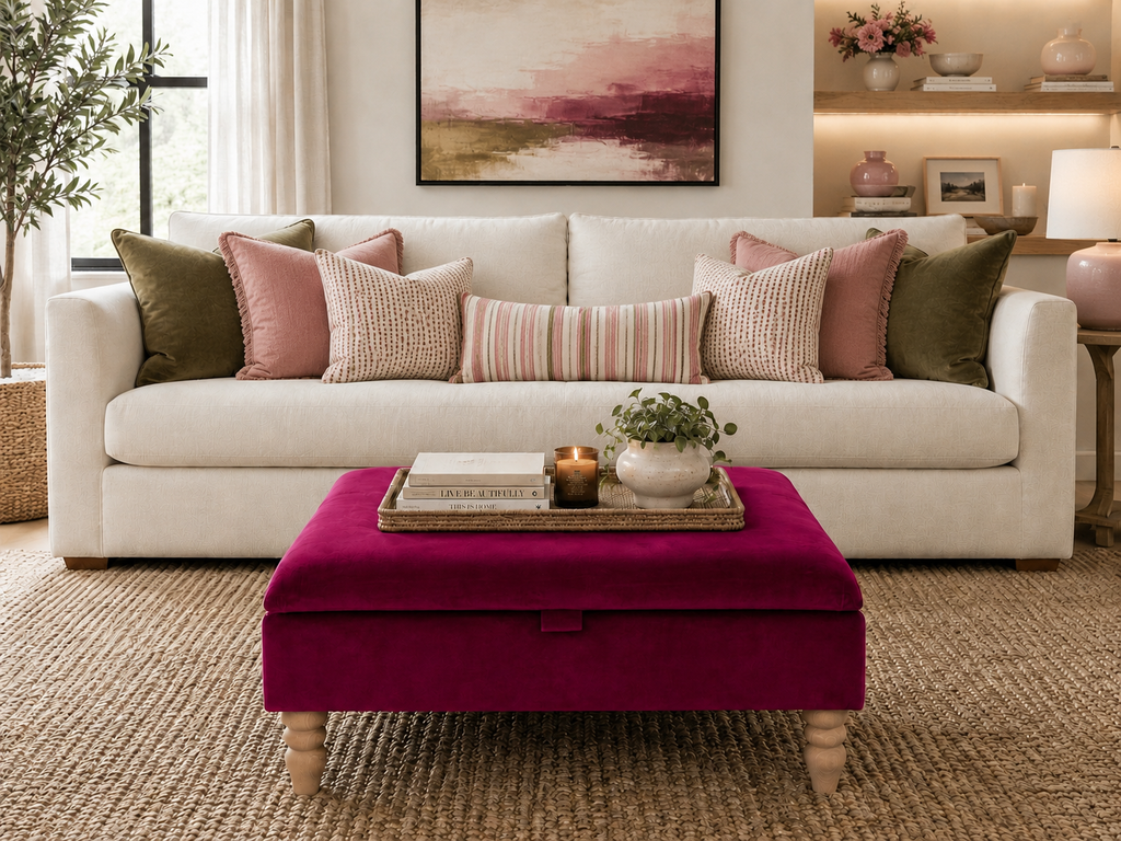 A styled living room scene featuring a cream-colored sofa with pink, beige, and olive green throw pillows, a vibrant magenta velvet ottoman in the foreground, and a neutral rug on the floor.