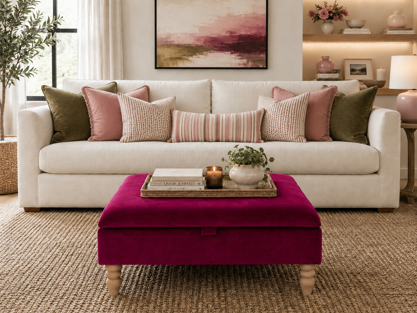 A styled living room scene featuring a cream-colored sofa with pink, beige, and olive green throw pillows, a vibrant magenta velvet ottoman in the foreground, and a neutral rug on the floor.