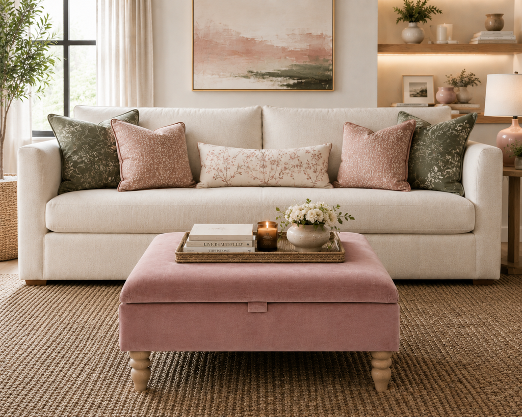 A styled living room scene featuring a cream-colored sofa with multiple decorative throw pillows, a dusty pink velvet ottoman in the foreground, and a neutral-toned woven rug. A framed landscape painting hangs on the wall above the sofa.