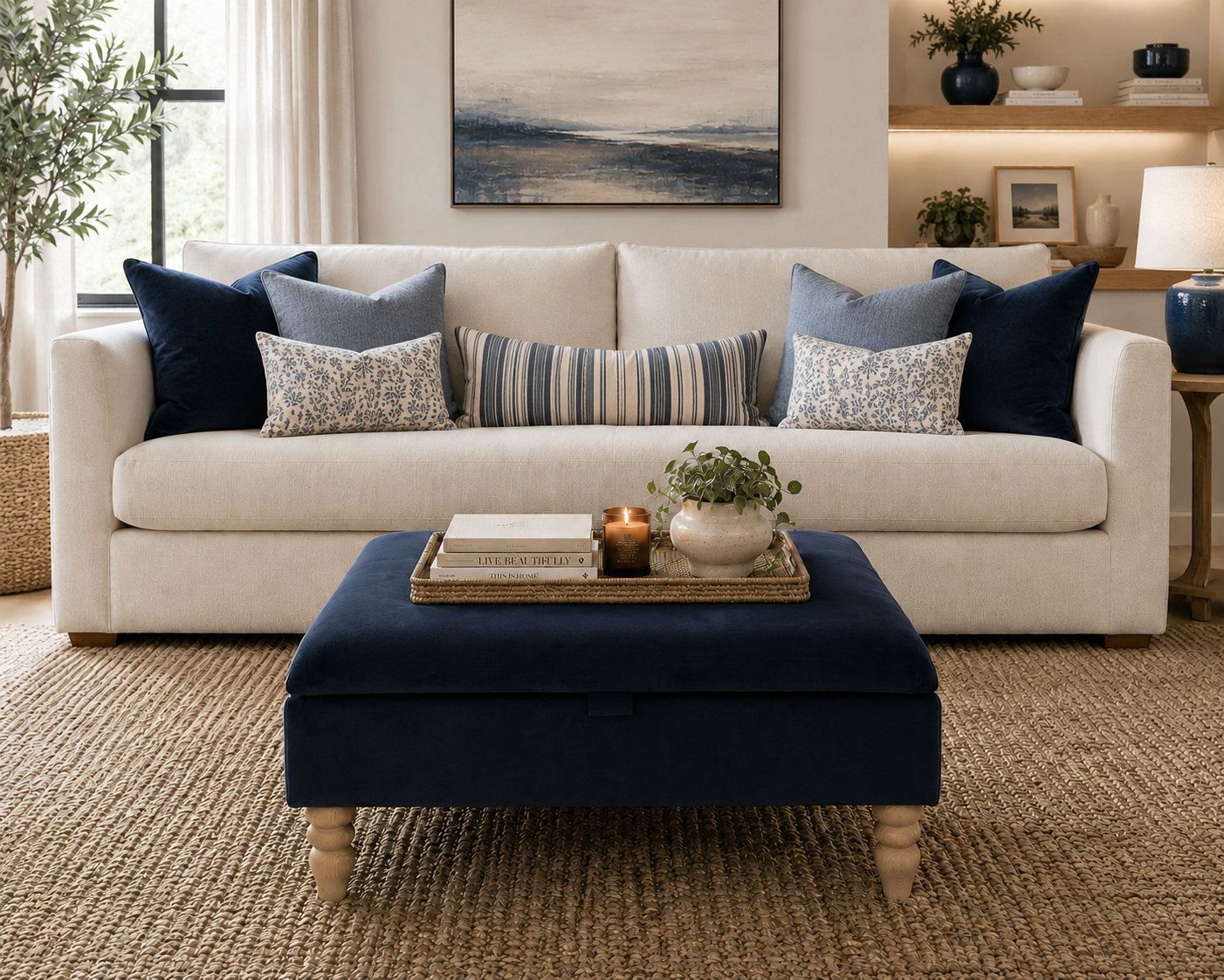A styled living room scene featuring a cream-colored sofa with navy and patterned throw pillows, a matching navy ottoman coffee table in the foreground, and a neutral-toned interior with wall art and shelving.