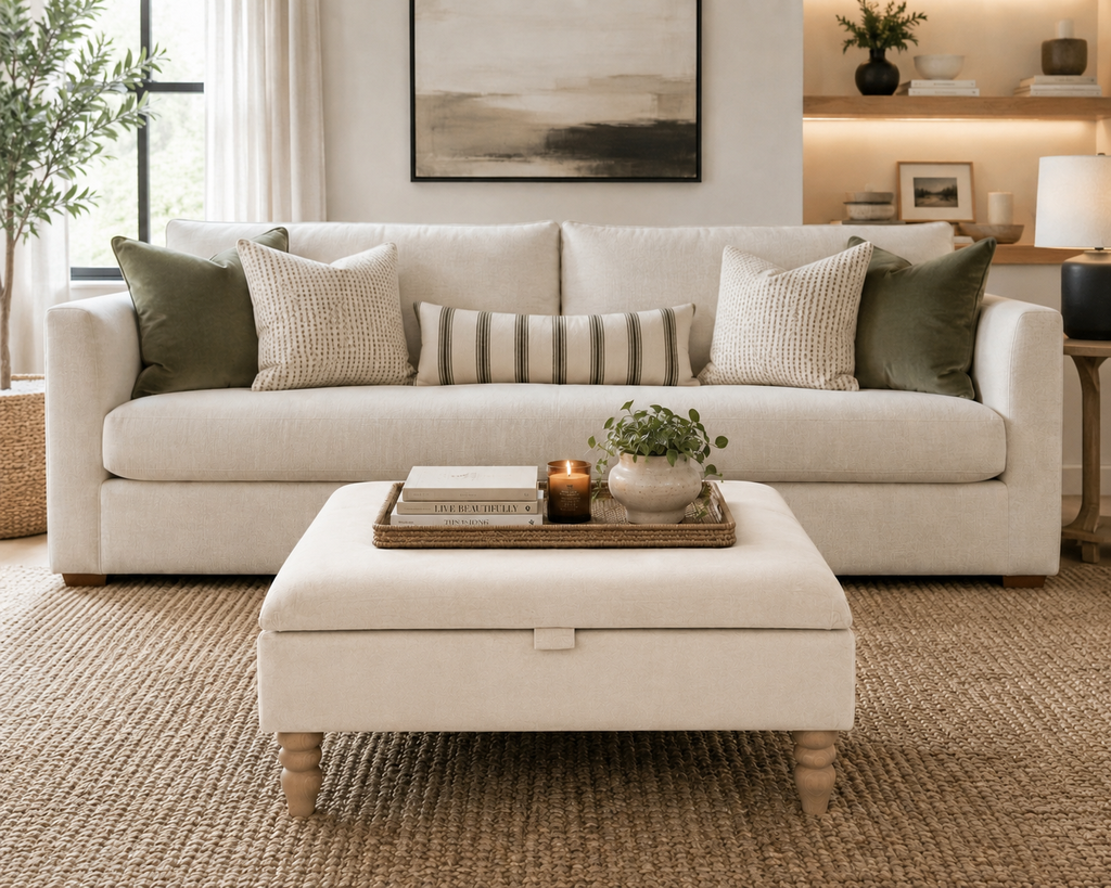 A light beige upholstered sofa in a bright, modern living room, styled with olive green and textured cream throw pillows. In front of the sofa is a matching light beige ottoman with wooden legs, holding a decorative tray with books and a candle.