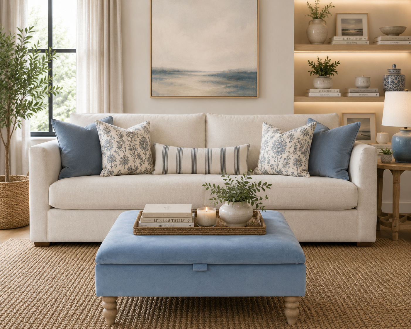 A styled living room featuring a cream fabric sofa with blue and patterned throw pillows, a light blue ottoman coffee table in the foreground, and a neutral-toned interior with shelving and a window.