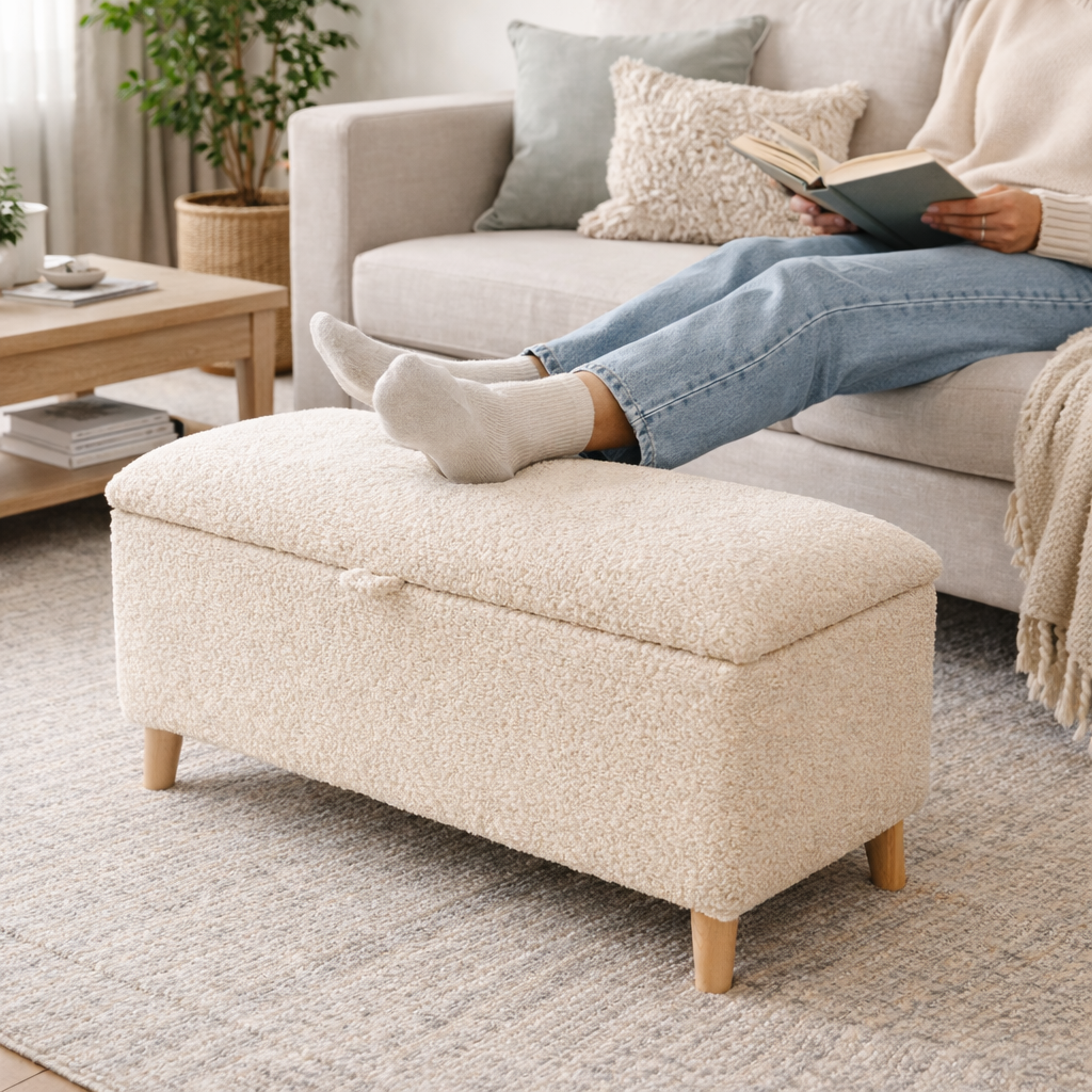 Person relaxing on a beige ottoman in a cozy living room.