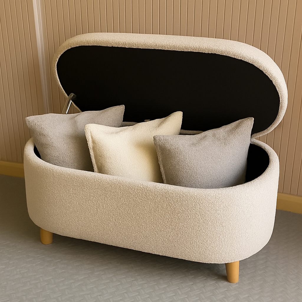 Beige storage bench with cushions against a wooden wall.