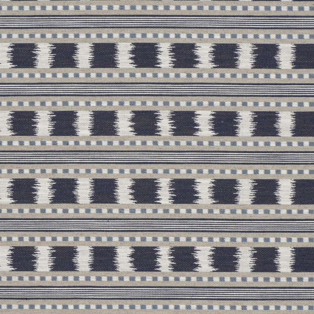 Blue, grey and cream striped patterned upholstery fabric with woven geometric detailing.