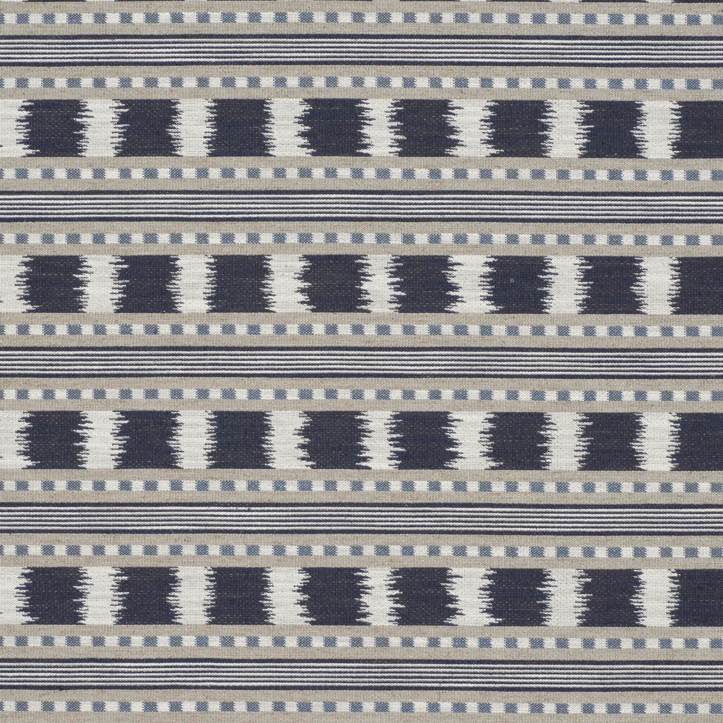 Blue, grey and cream striped patterned upholstery fabric with woven geometric detailing.