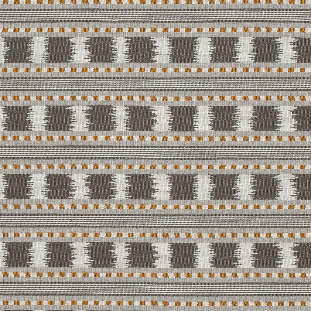 Grey, mustard and cream striped patterned upholstery fabric with woven geometric detailing.