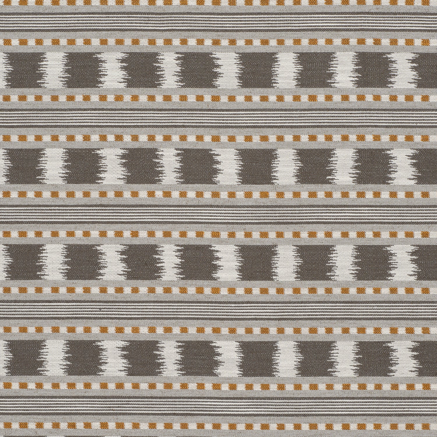 Grey, mustard and cream striped patterned upholstery fabric with woven geometric detailing.