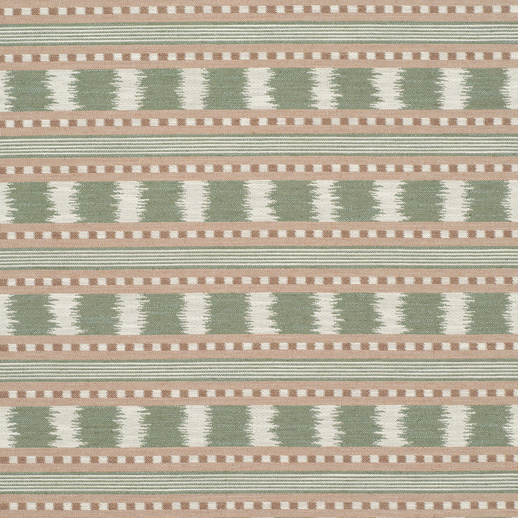 Sage green, soft pink and cream striped patterned upholstery fabric with woven geometric detailing.