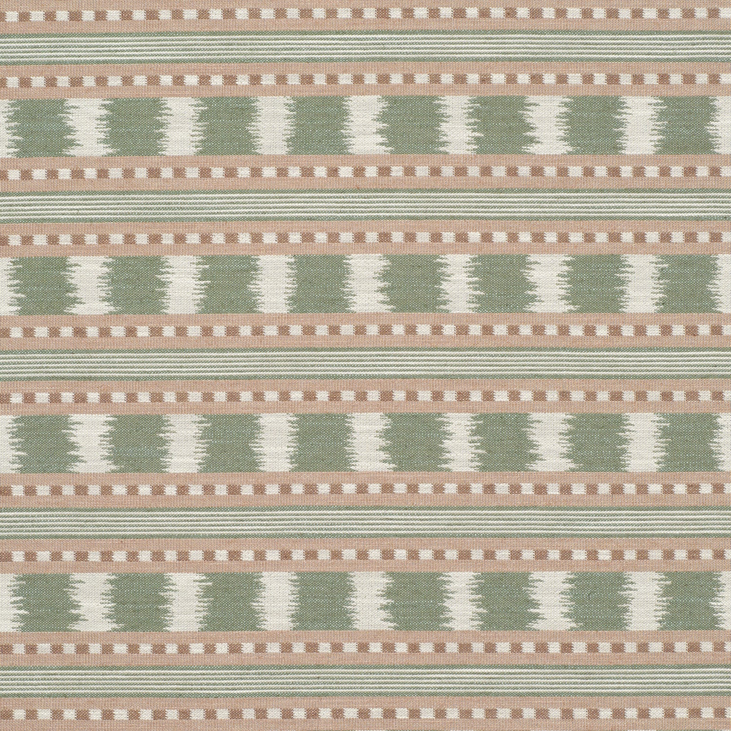 Sage green, soft pink and cream striped patterned upholstery fabric with woven geometric detailing.