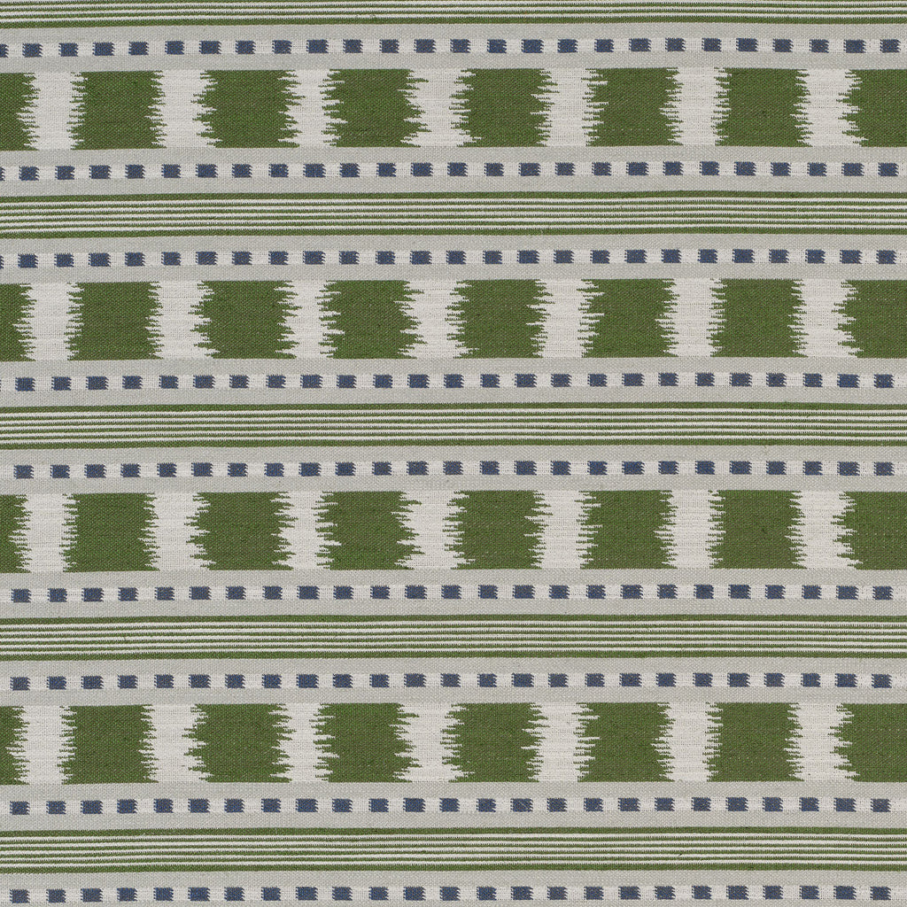 Green, blue and cream striped patterned upholstery fabric with woven geometric detailing.