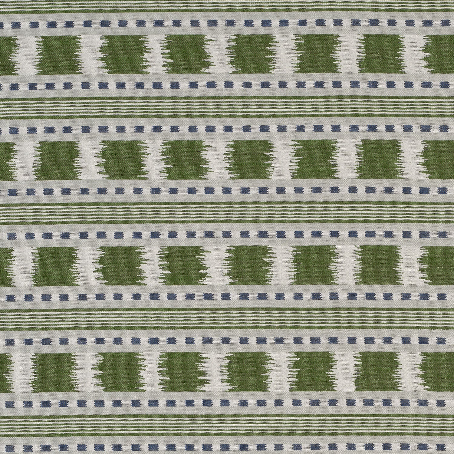 Green, blue and cream striped patterned upholstery fabric with woven geometric detailing.