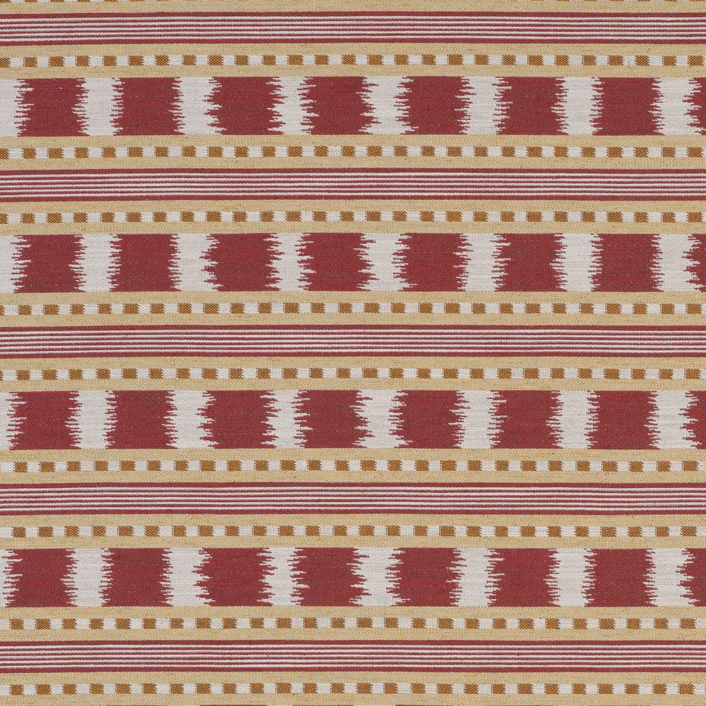 Red, mustard and cream striped patterned upholstery fabric with woven geometric detailing.