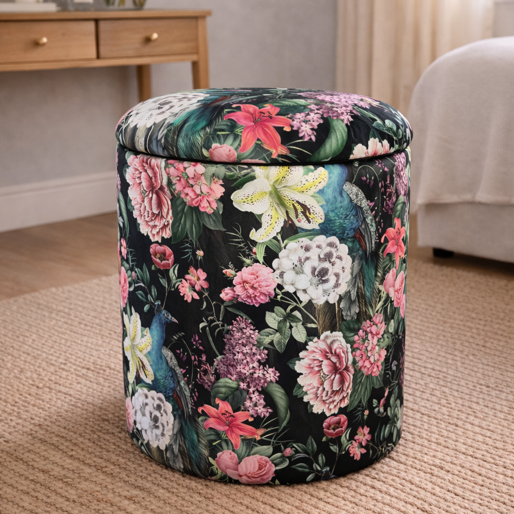 Floral-patterned ottoman in a room with a desk and flowers.