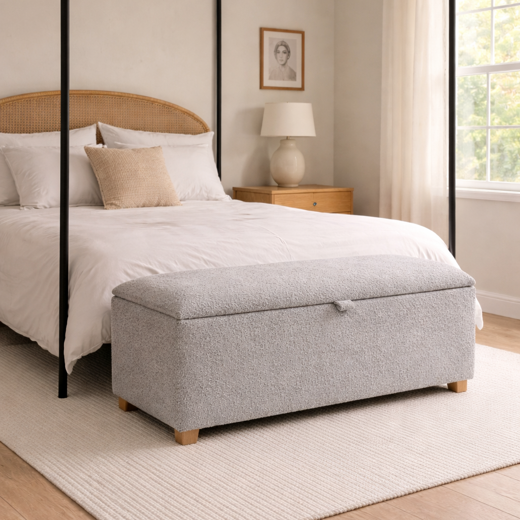 Bedroom with a four-poster bed and gray ottoman