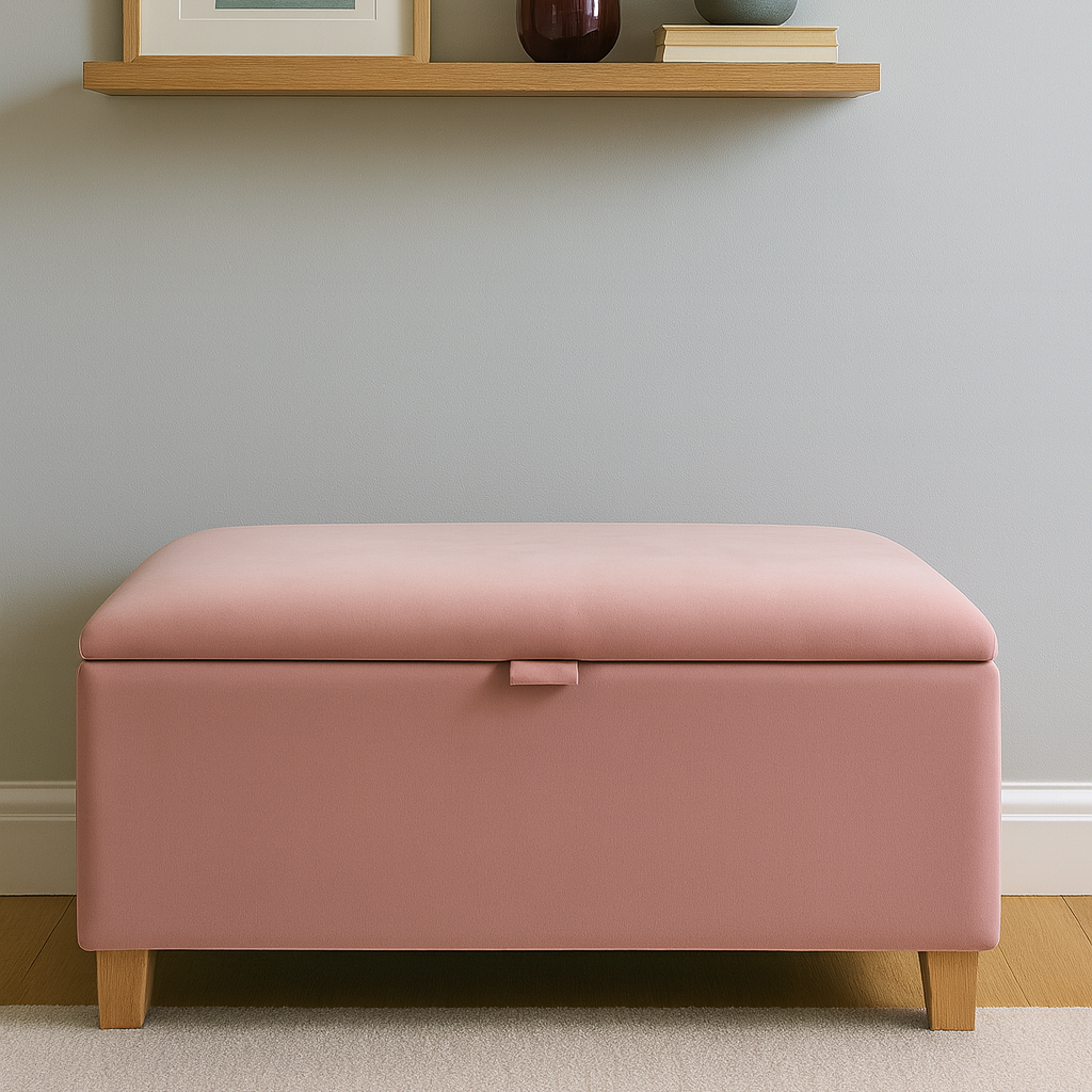 Pink storage ottoman in a room with a shelf and decor items.