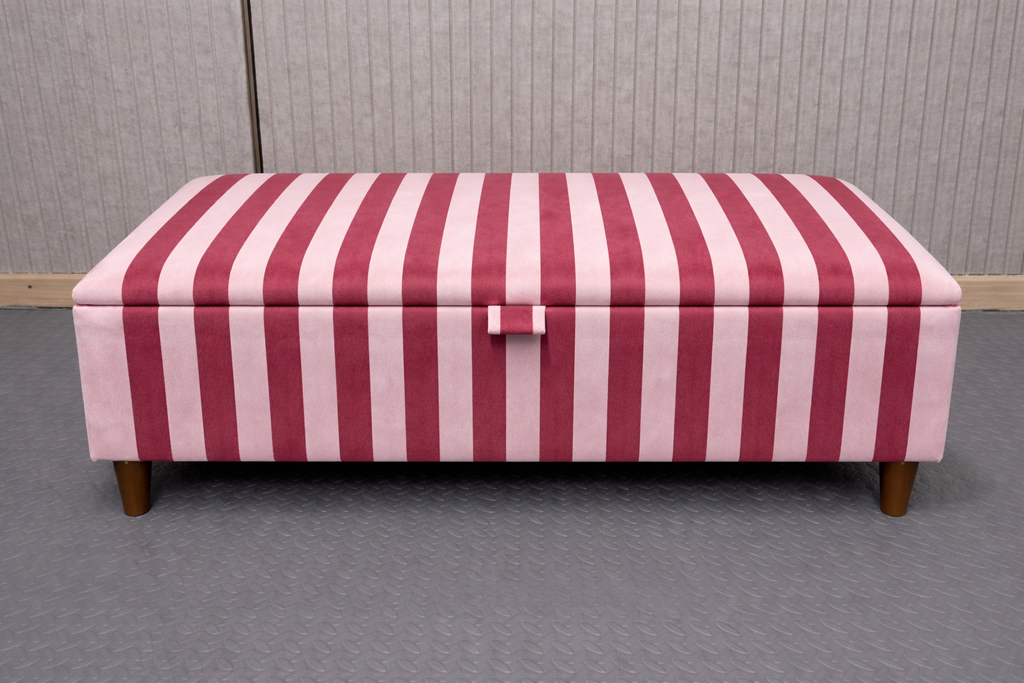 wood chip and magnolia pink and red stripe storage bench