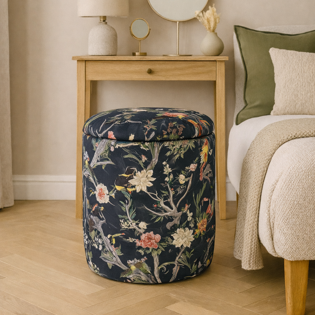 Floral-patterned ottoman in a bedroom setting with a nightstand and bed.