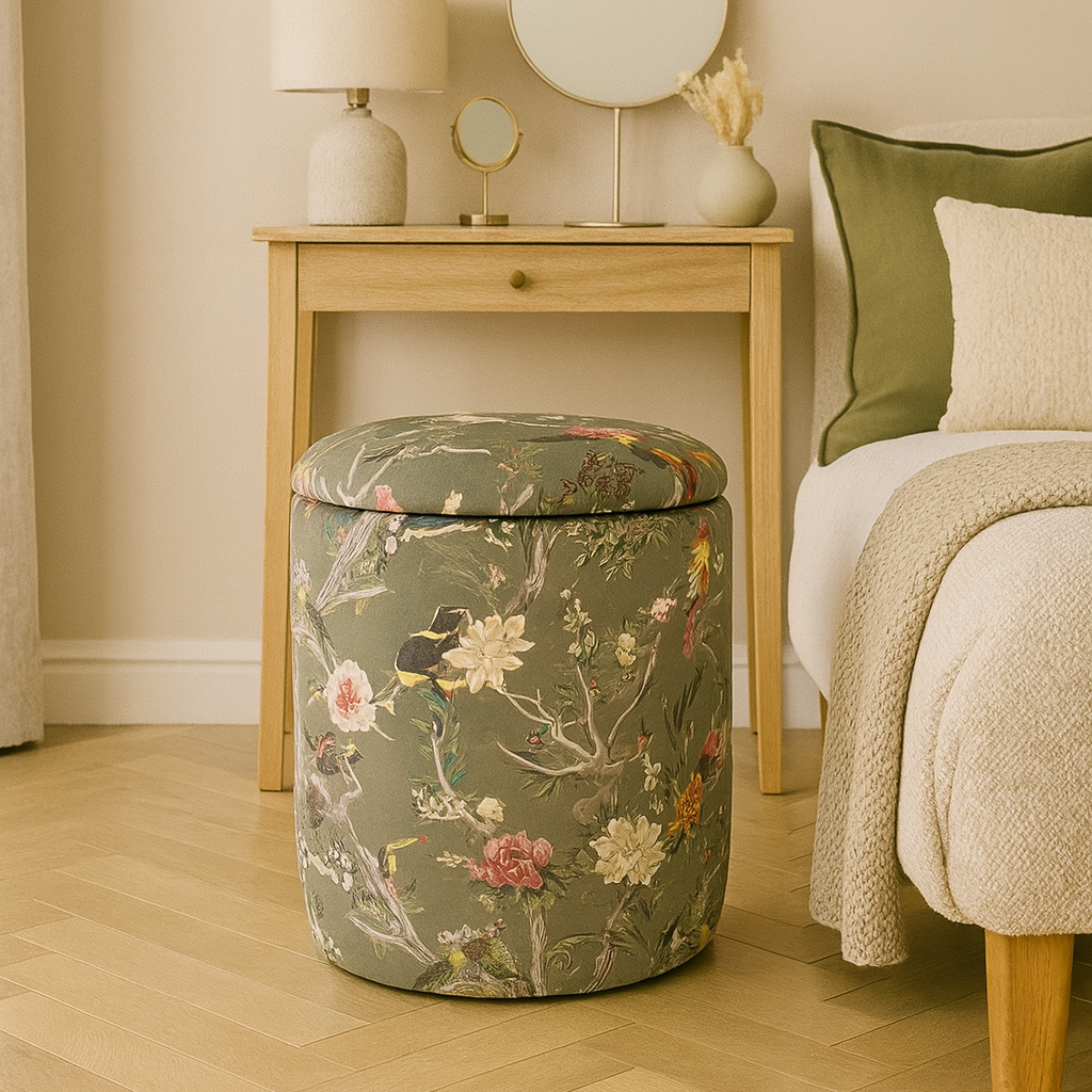 Floral-patterned ottoman in a bedroom setting with a bed and nightstand.