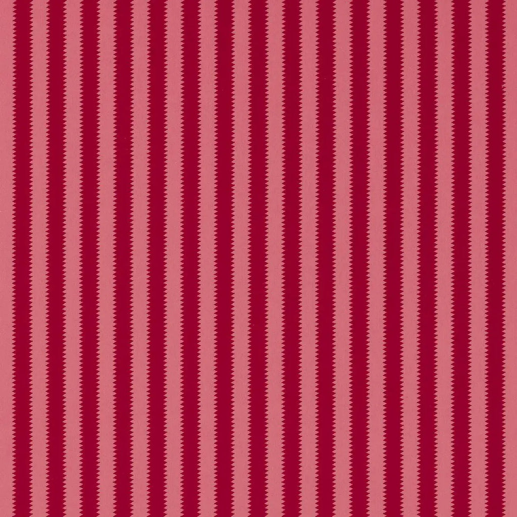 A close-up of a repeating vertical stripe pattern with alternating dark red and muted pink-red zigzag stripes.