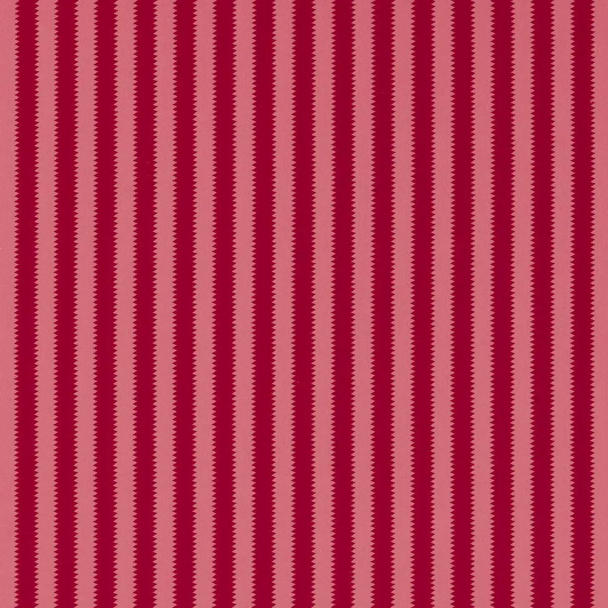 A close-up of a repeating vertical stripe pattern with alternating dark red and muted pink-red zigzag stripes.
