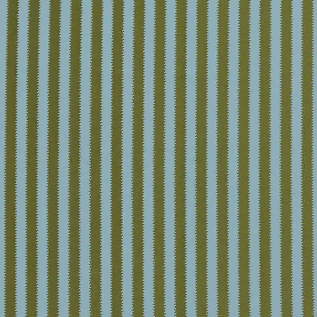 A close-up of a striped fabric pattern featuring alternating vertical stripes in olive green and dusty blue with a fine zigzag texture.
