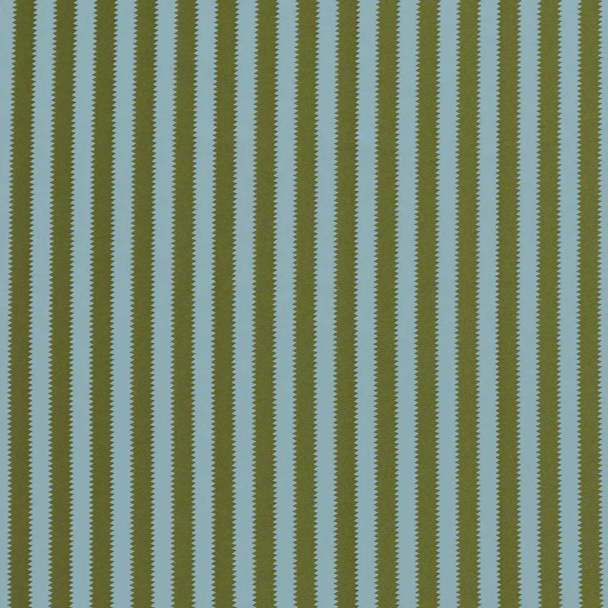 A close-up of a striped fabric pattern featuring alternating vertical stripes in olive green and dusty blue with a fine zigzag texture.
