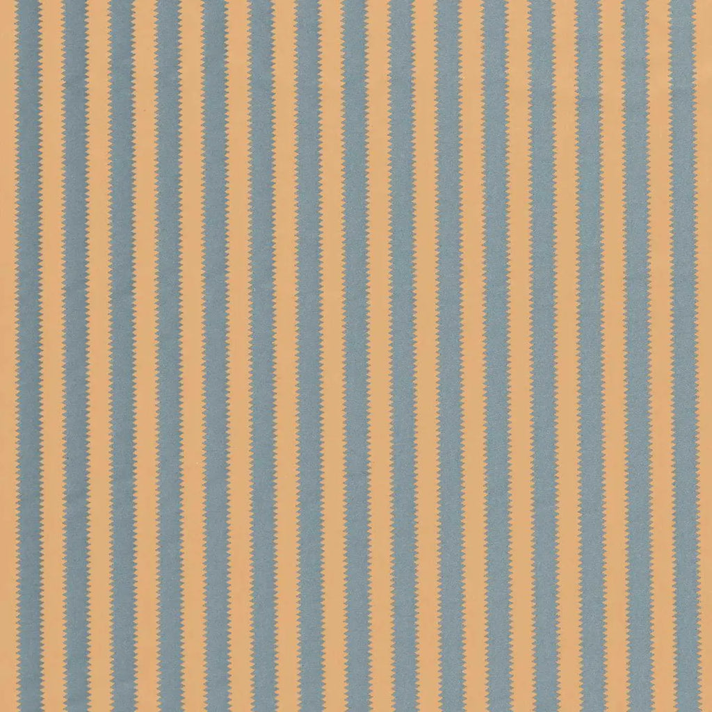 A close-up of a striped fabric pattern with alternating vertical stripes in muted blue-gray and warm tan, separated by narrow zigzag lines.