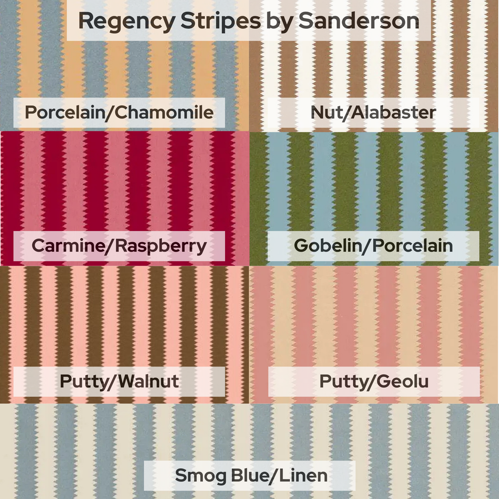 A fabric color chart titled 'Regency Stripes by Sanderson' showing four 2x2 grids of striped textile patterns in different colorways: Porcelain/Chamomile, Nut/Alabaster, Carmine/Raspberry, and Gobelin/Porcelain, plus Smog Blue/Linen at the bottom.