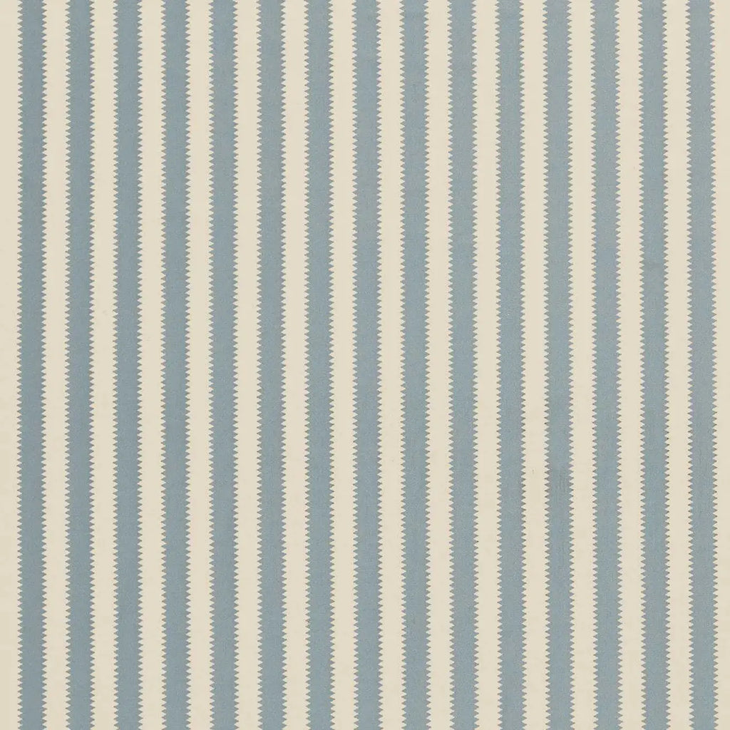 A close-up of a striped fabric pattern featuring vertical stripes in muted blue-gray and warm cream with a fine zigzag texture.