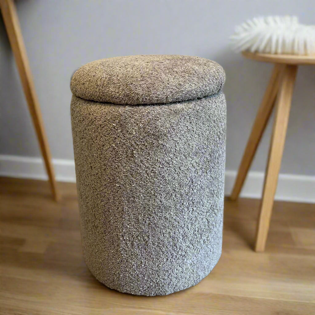 Round teddy soft truffle boucle dressing table stool with interior storage