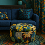 Decorative living room with blue sofa, patterned ottoman, and colorful curtains.