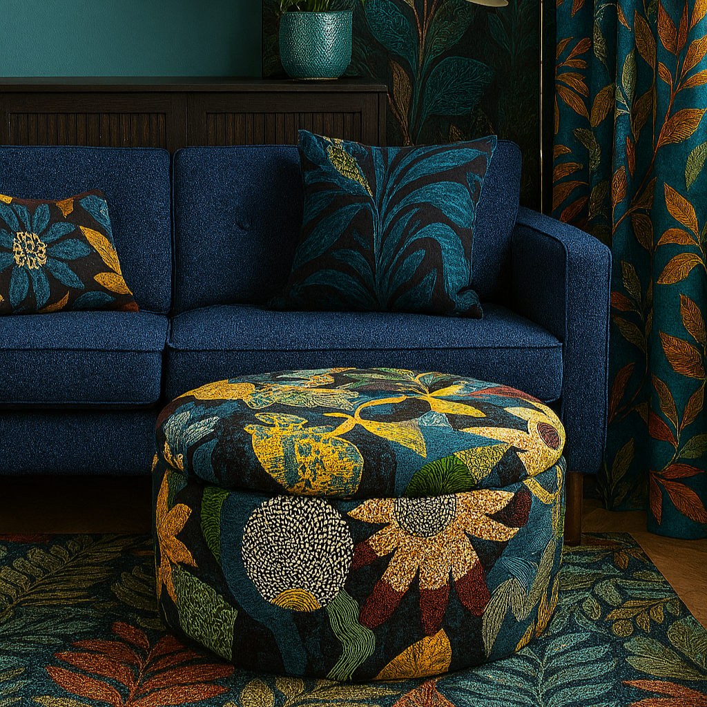 Decorative living room with blue sofa, patterned ottoman, and colorful curtains.