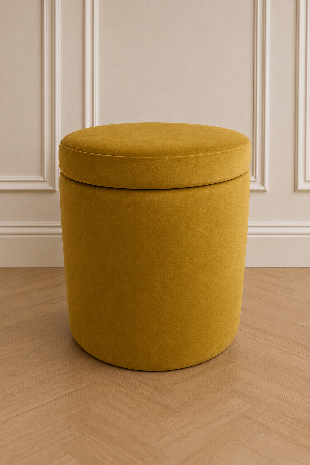 A round, mustard yellow velvet storage ottoman with a cushioned lid, set on a light wood herringbone floor against a cream paneled wall.