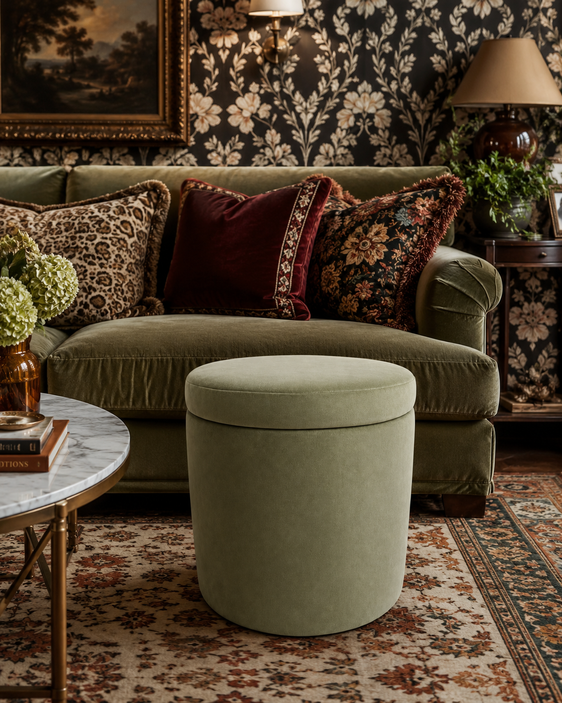 A styled interior scene featuring an olive green velvet cylindrical ottoman in the foreground, with a green sofa, patterned throw pillows, floral wallpaper, a rug, and side tables in the background.