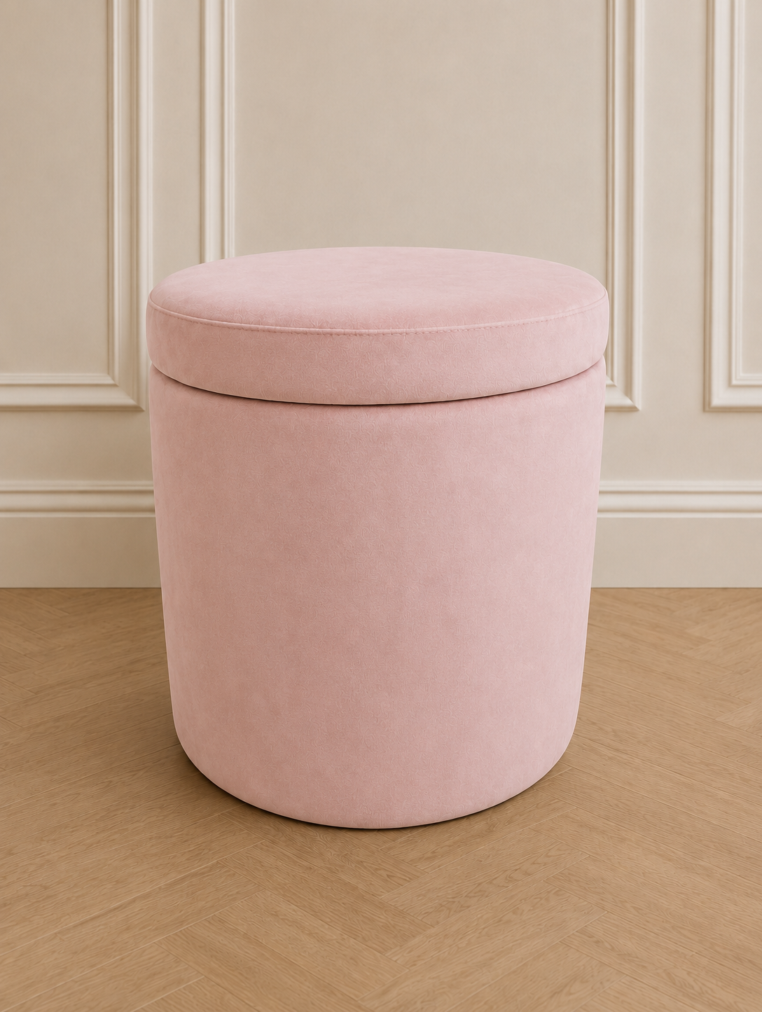 Light pink storage ottoman stool on a herringbone wooden floor with a beige panelled wall behind