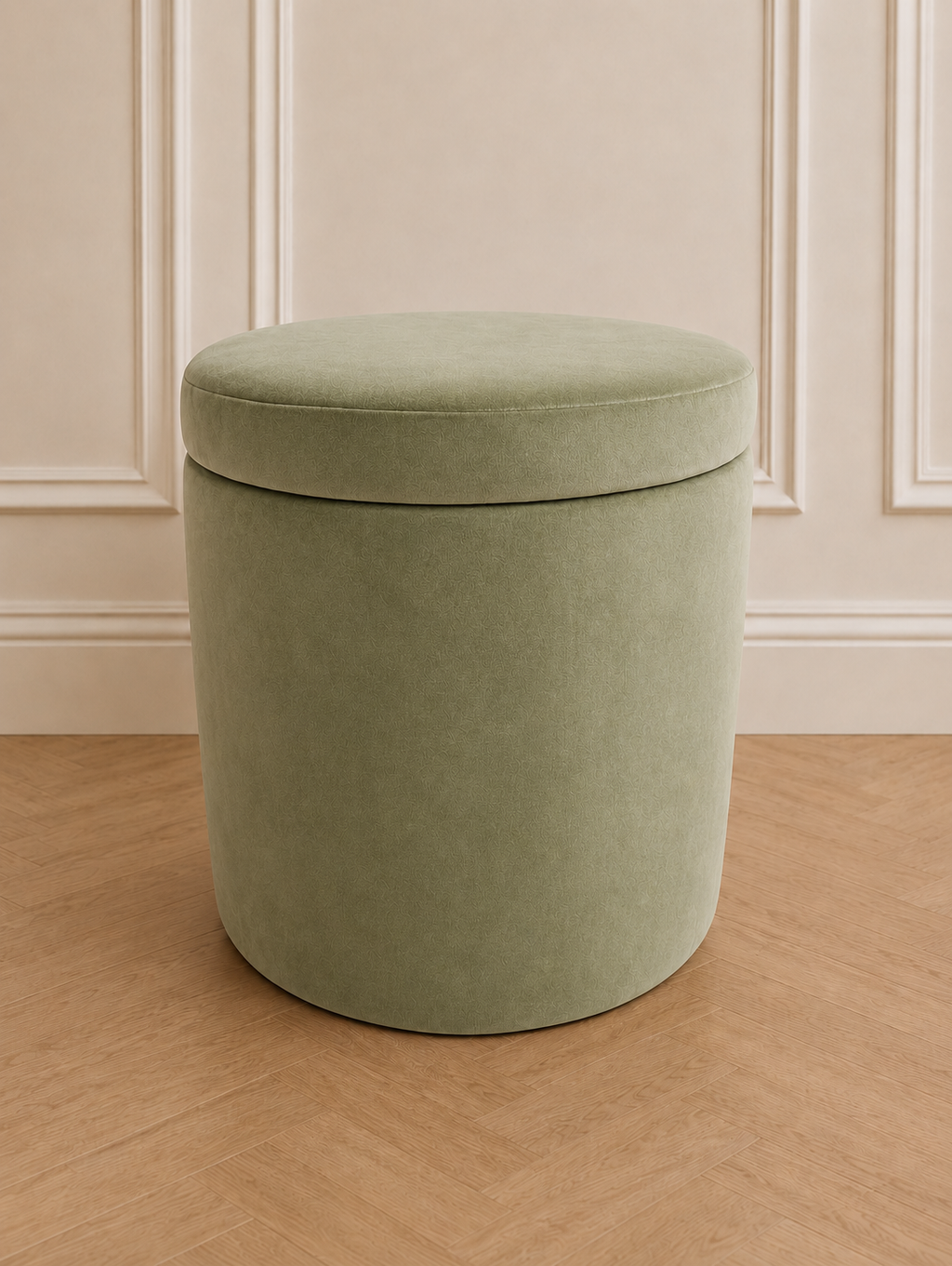 A round, upholstered storage ottoman in a muted sage green velvet fabric, set against a cream paneled wall and light wood herringbone floor.