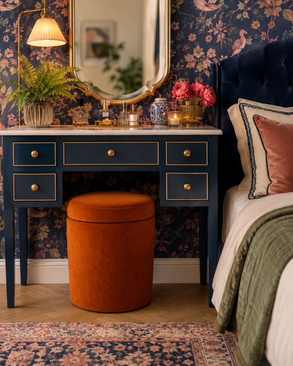 A styled bedroom scene featuring a navy blue vanity desk with gold trim and a matching round orange ottoman, set against a dark floral wallpaper background next to a bed.