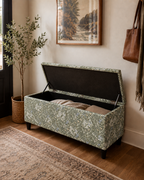 Open storage Ottoman Bench in William Morris Golden Lily Sage fabric in a modern styled hallway 