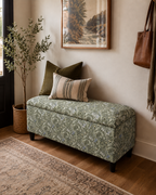 William Morris Storage Ottoman Bench in Golden Lily Sage in a modern hallway  