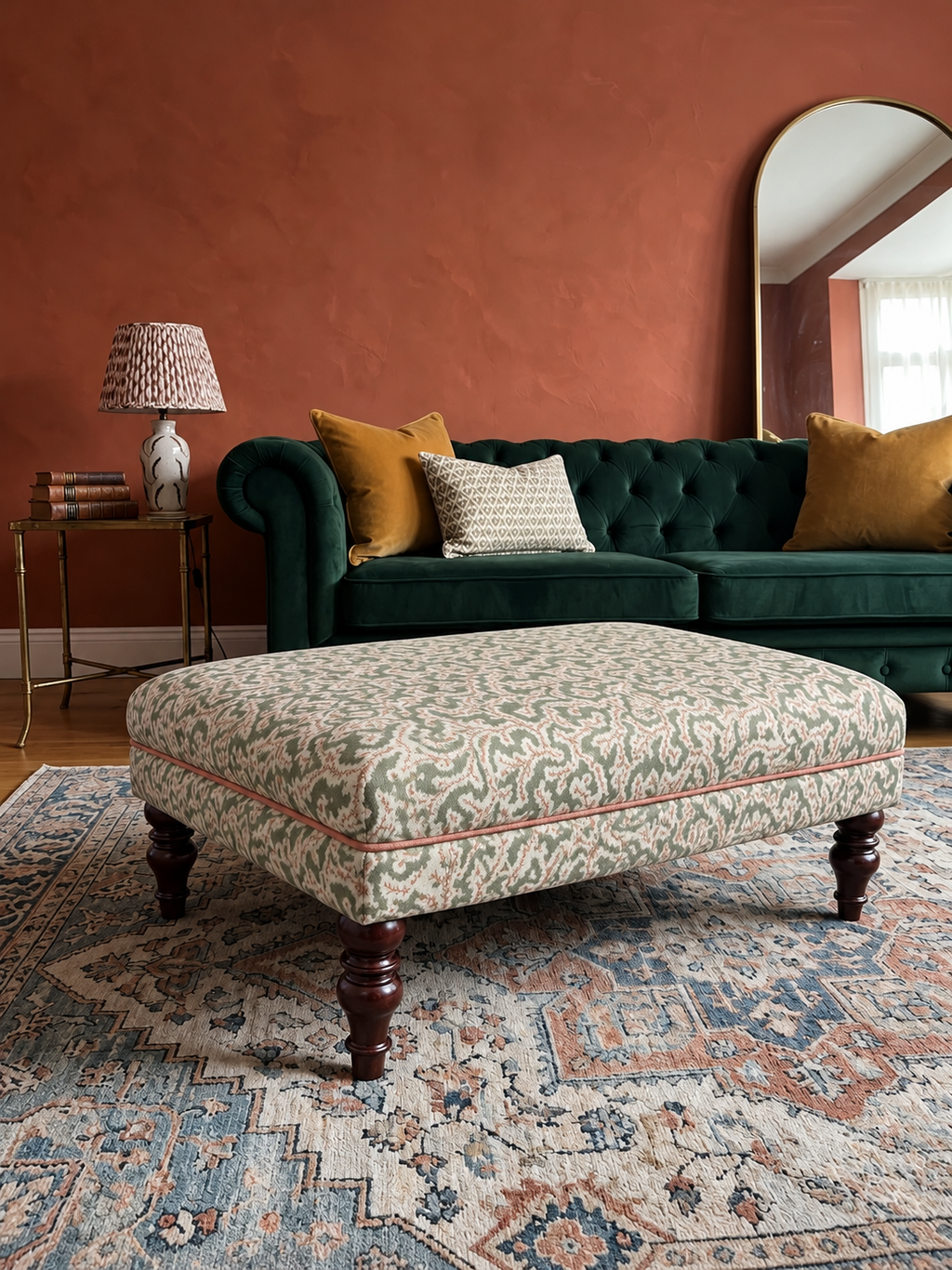 An upholstered ottoman with a green and beige damask pattern and dark wooden legs, positioned in a living room in front of a dark green velvet sofa.