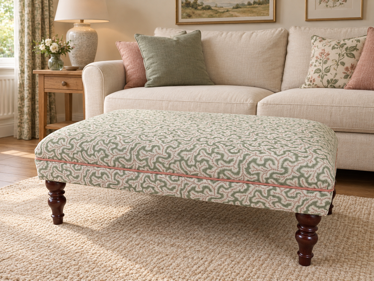 An upholstered rectangular ottoman with dark wooden legs, featuring a green and beige wavy pattern and a thin pink piping detail, shown in a styled living room setting.